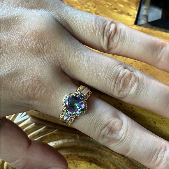 Mystic Topaz Moissanite Sterling Silver Ring Size 9 - Picture 4 of 10